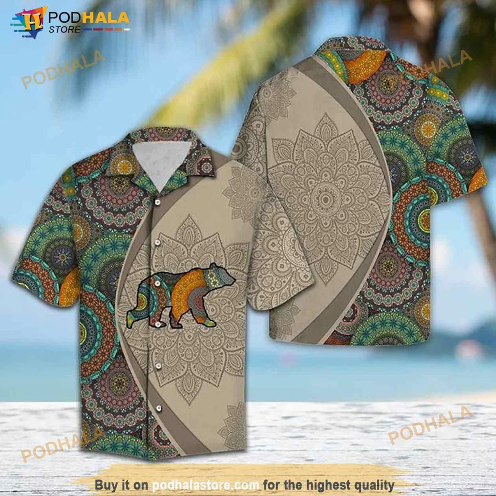 Bear Graphic Hawaiian Shirt With Mandala Design In Earthy Tones