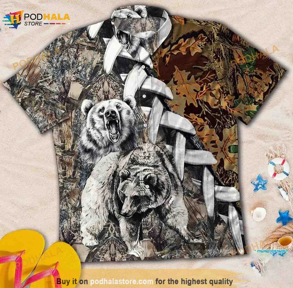 Bear Howling Camouflage Hawaiian Shirt For Nature Lovers