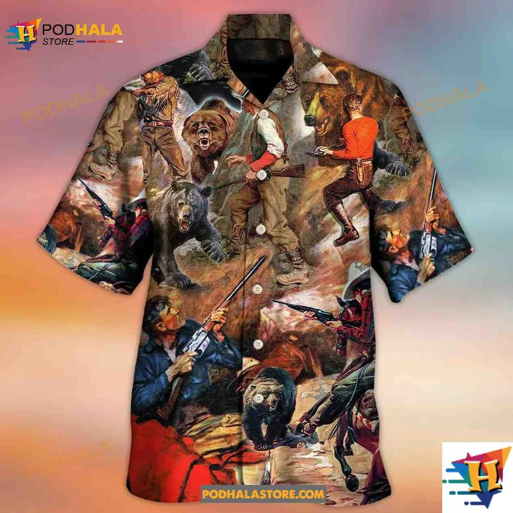 Bear Hunting Aloha Shirt, Vibrant Outdoor Adventure Design Bear Hunting Aloha Shirt, Vibrant Outdoor Adventure Design
