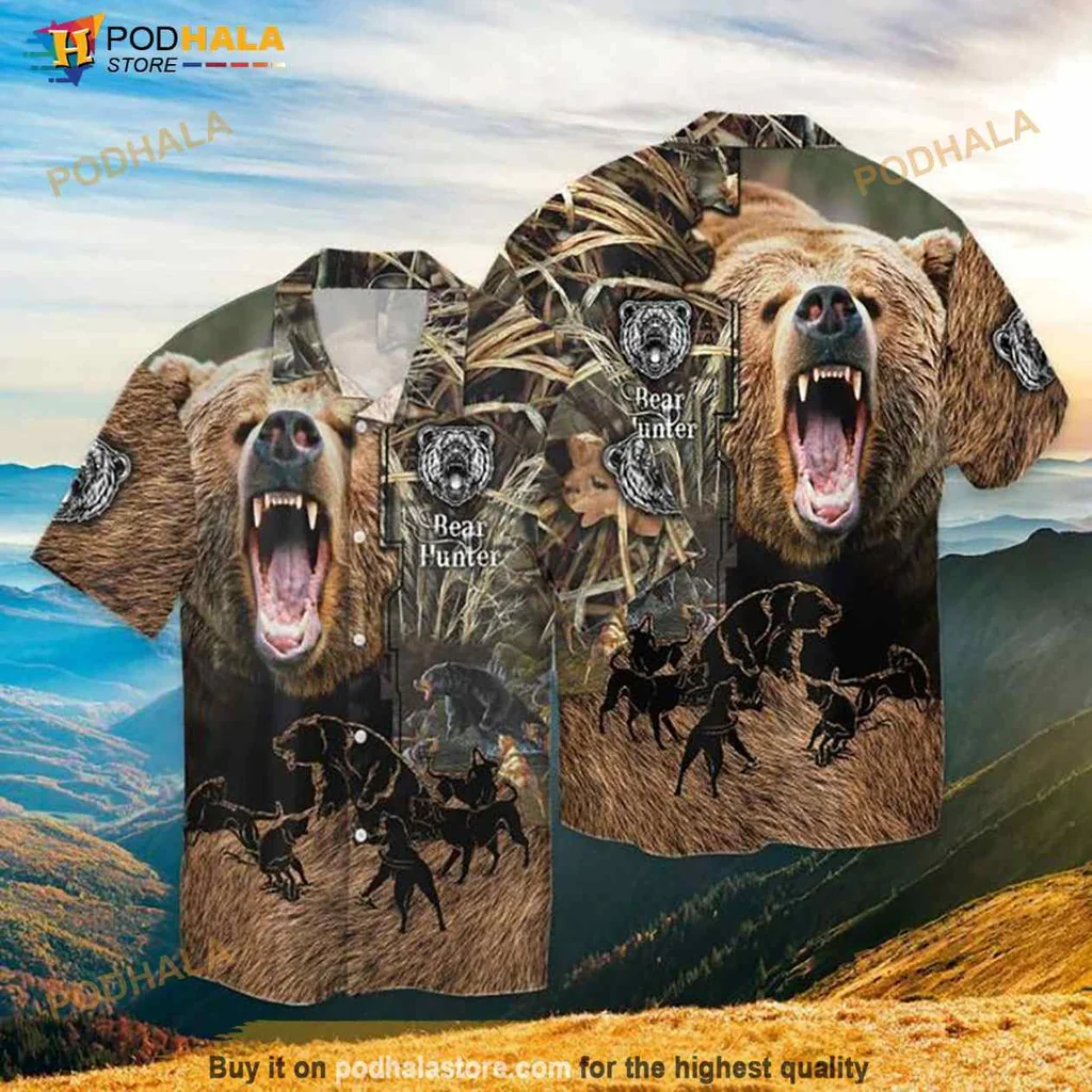 Bear Hunting Hawaiian Shirt With Roaring Bear And Hunter Silhouettes