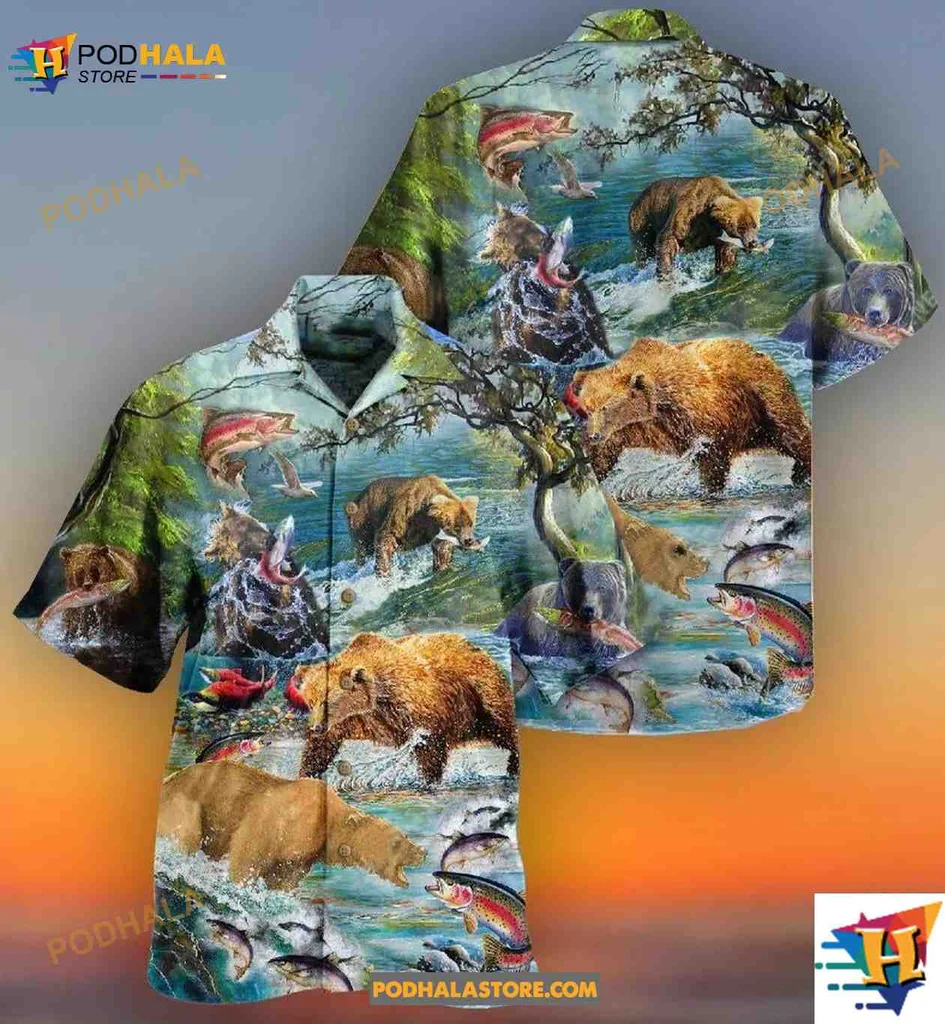 Bear Salmon Hunting Hawaiian Shirt, Vibrant Nature Scene For Outdoor Enthusiasts