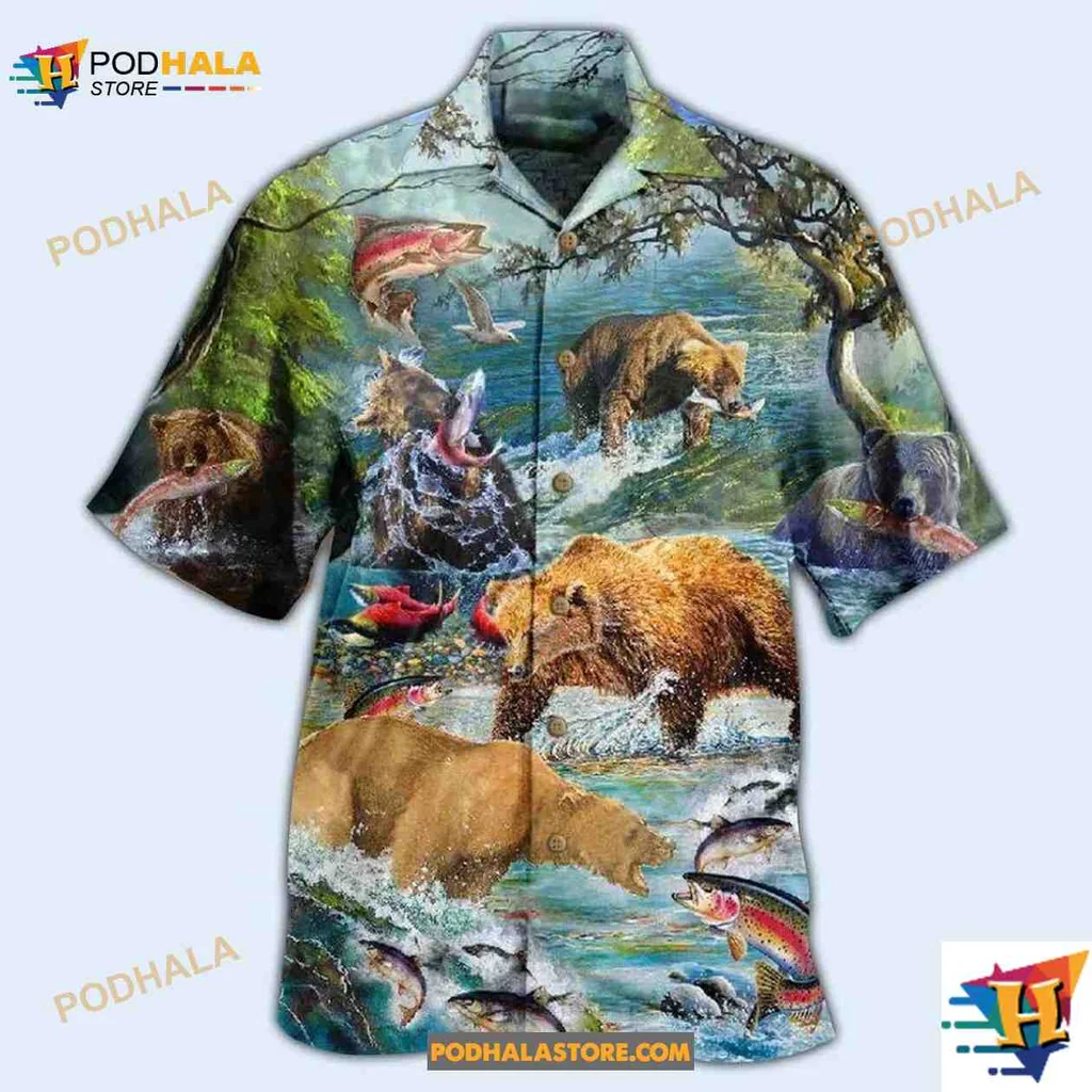 Bear Salmon Hunting Aloha Shirt, Vibrant Nature Scene For Outdoor Enthusiasts Bear Salmon Hunting Aloha Shirt, Vibrant Nature Scene For Outdoor Enthusiasts
