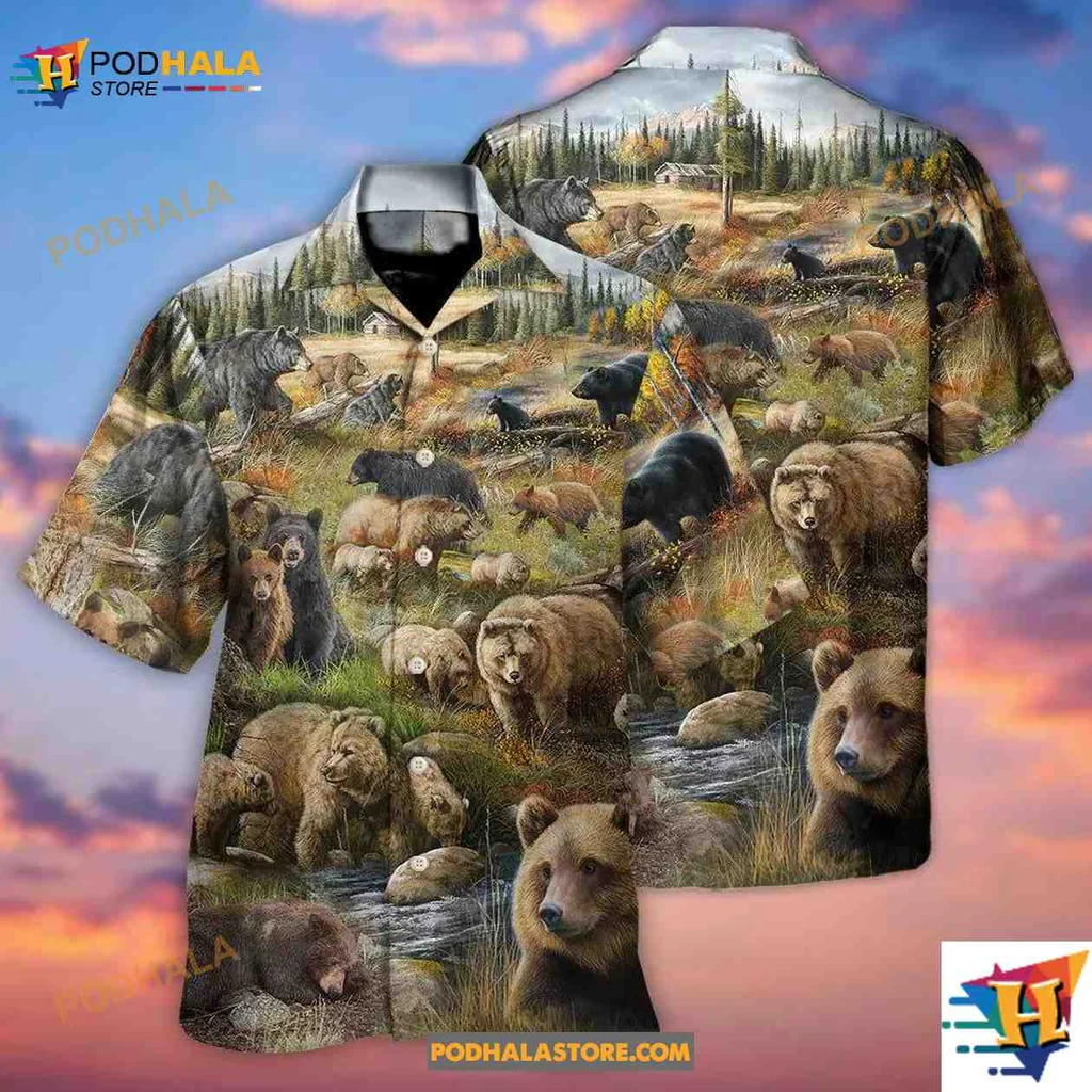 Bear Wilderness Aloha Shirt With Scenic Nature Print Bear Wilderness Aloha Shirt With Scenic Nature Print