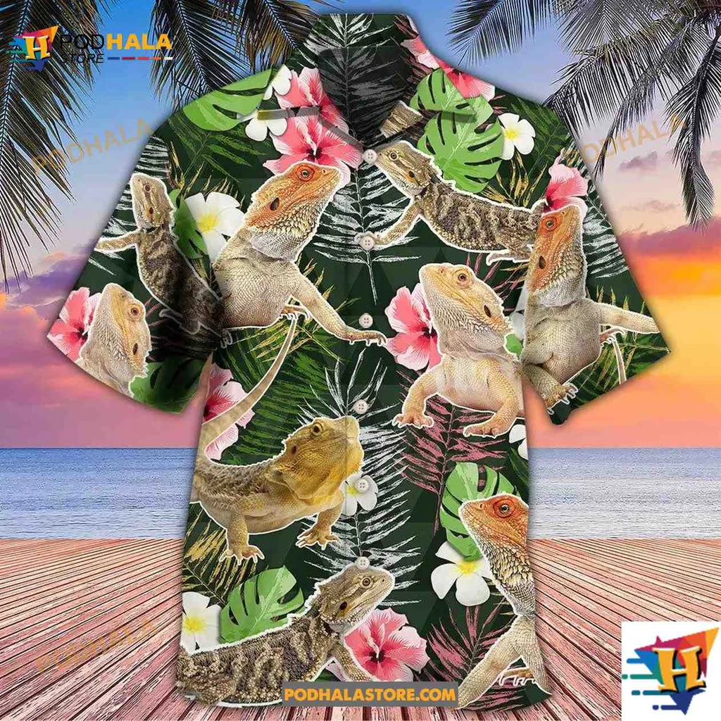 Bearded Dragon Tropical Hawaiian Shirt With Lush Green Leaves