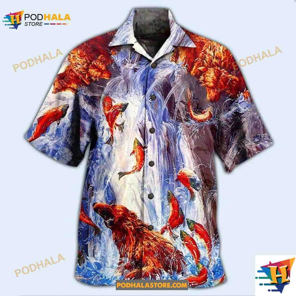 Bears Dancing In Waterfall Hawaiian Shirt, Vibrant Nature Design