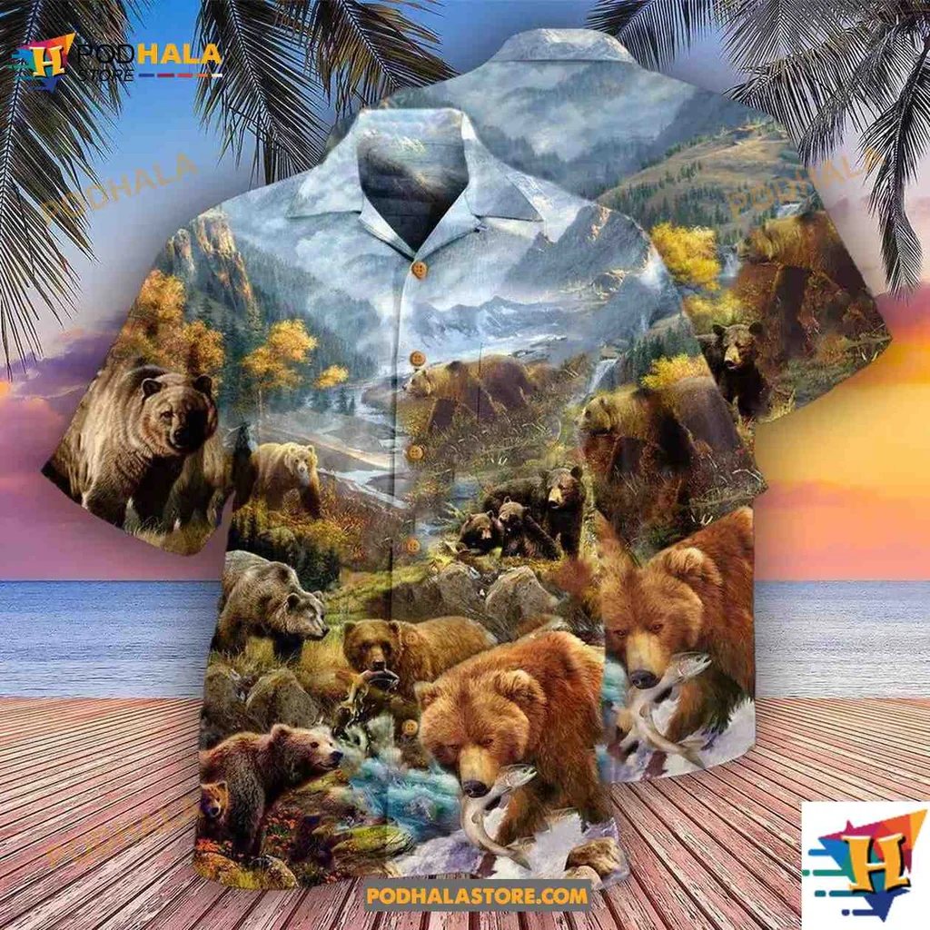 Bears In Wilderness Hawaiian Shirt Featuring Nature Themed Design