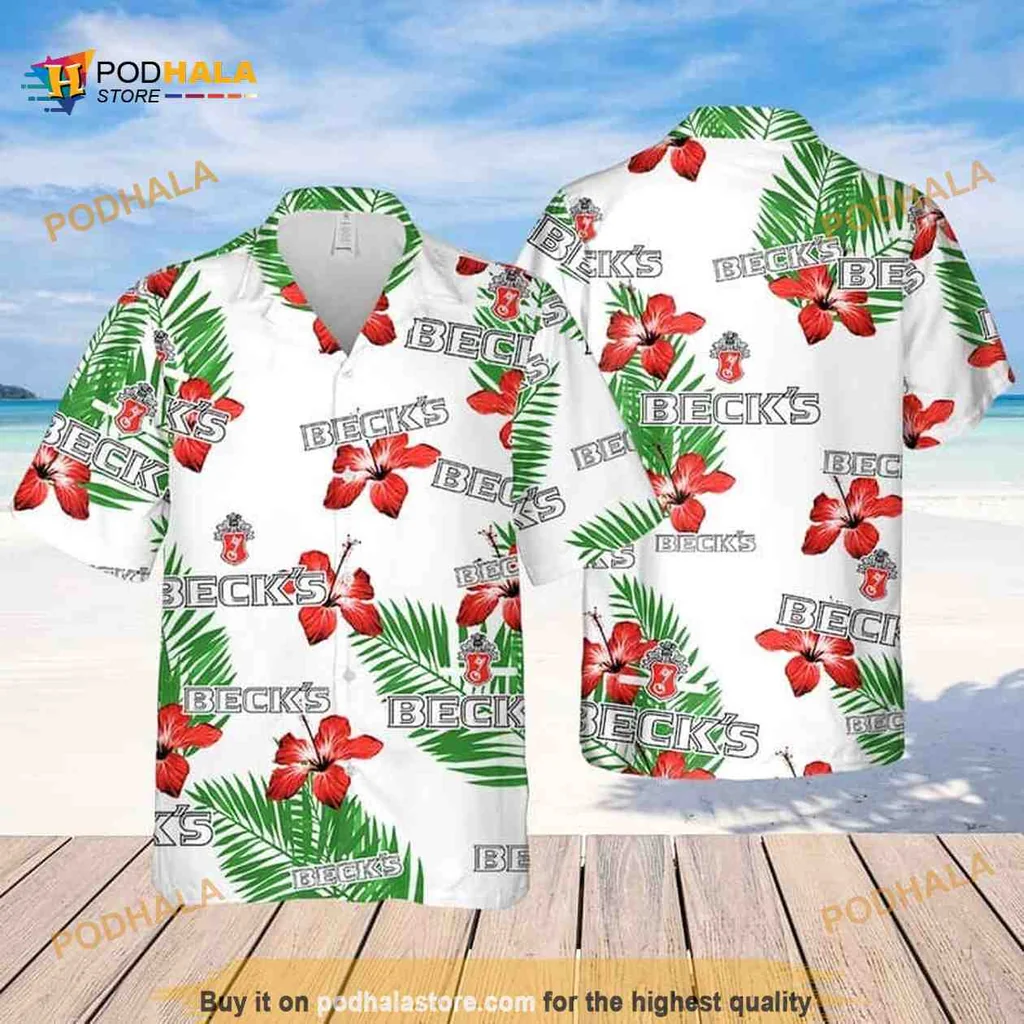 Becks Beer Hibiscus Hawaiian Shirt With Tropical Palm Leaves