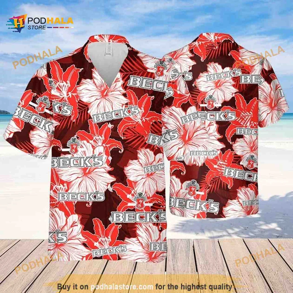 Becks Beer Tropical Shirt With Bold Hibiscus Flowers For Beach Lovers