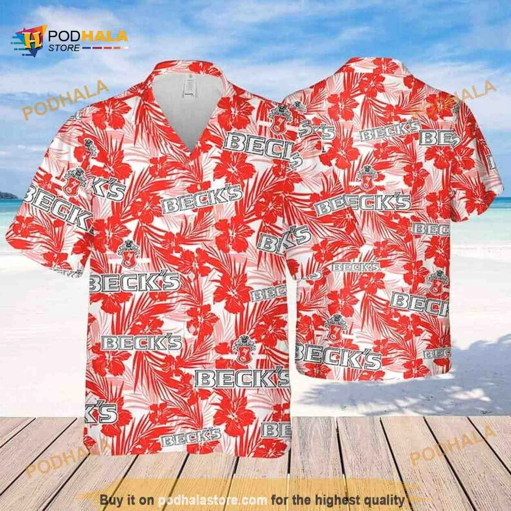 Becks Beer Tropical Shirt With Hibiscus Flowers And Palm Leaves