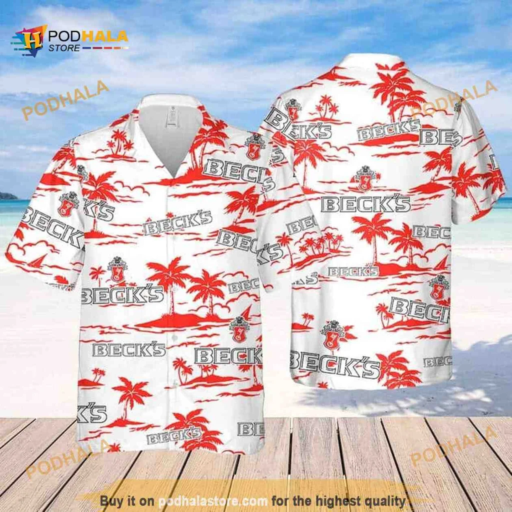 Becks Beer Tropical Shirt With Palm Trees And Beach Motifs