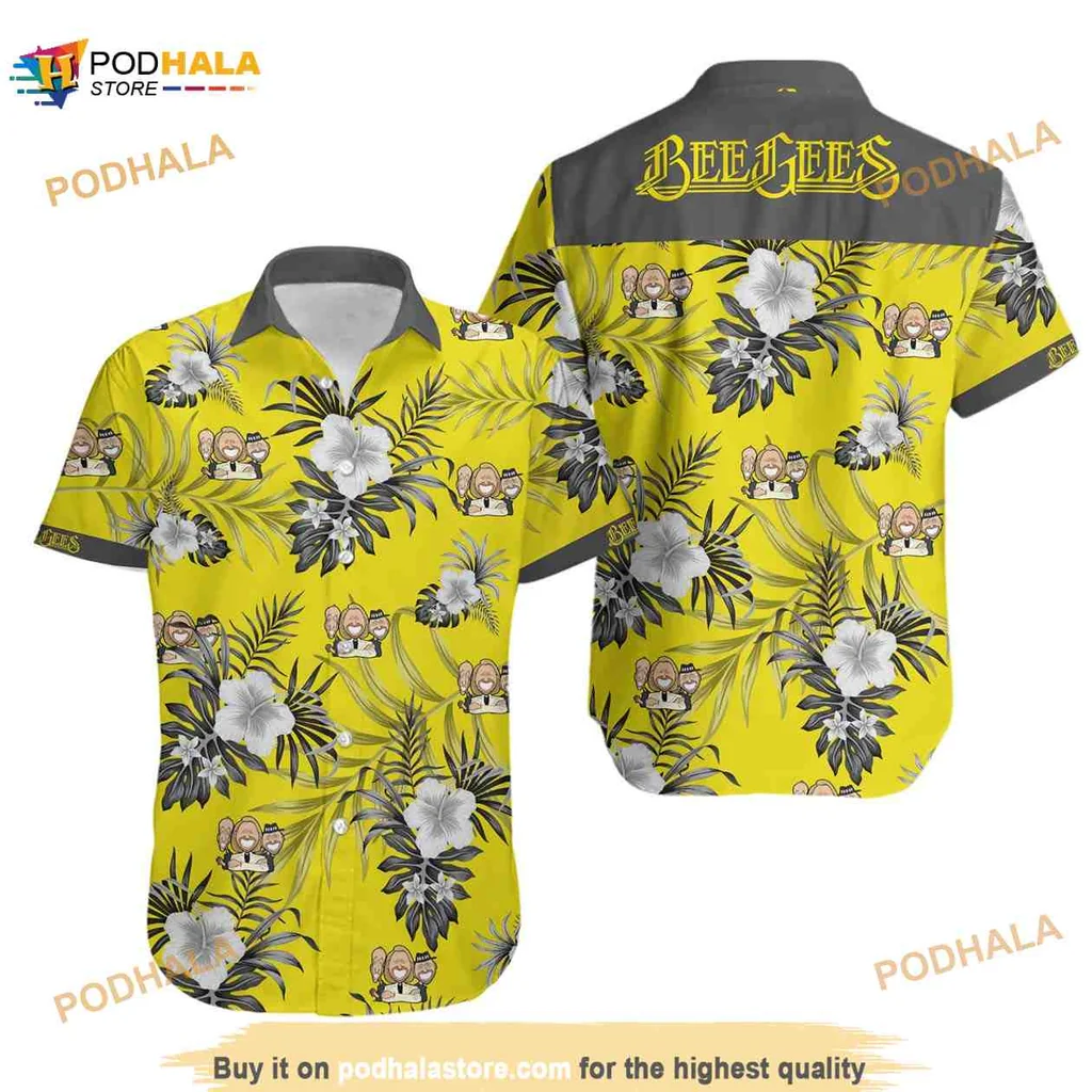 Bee Gees Tropical Hawaiian Shirt With Hibiscus Flowers And Cartoon Figures