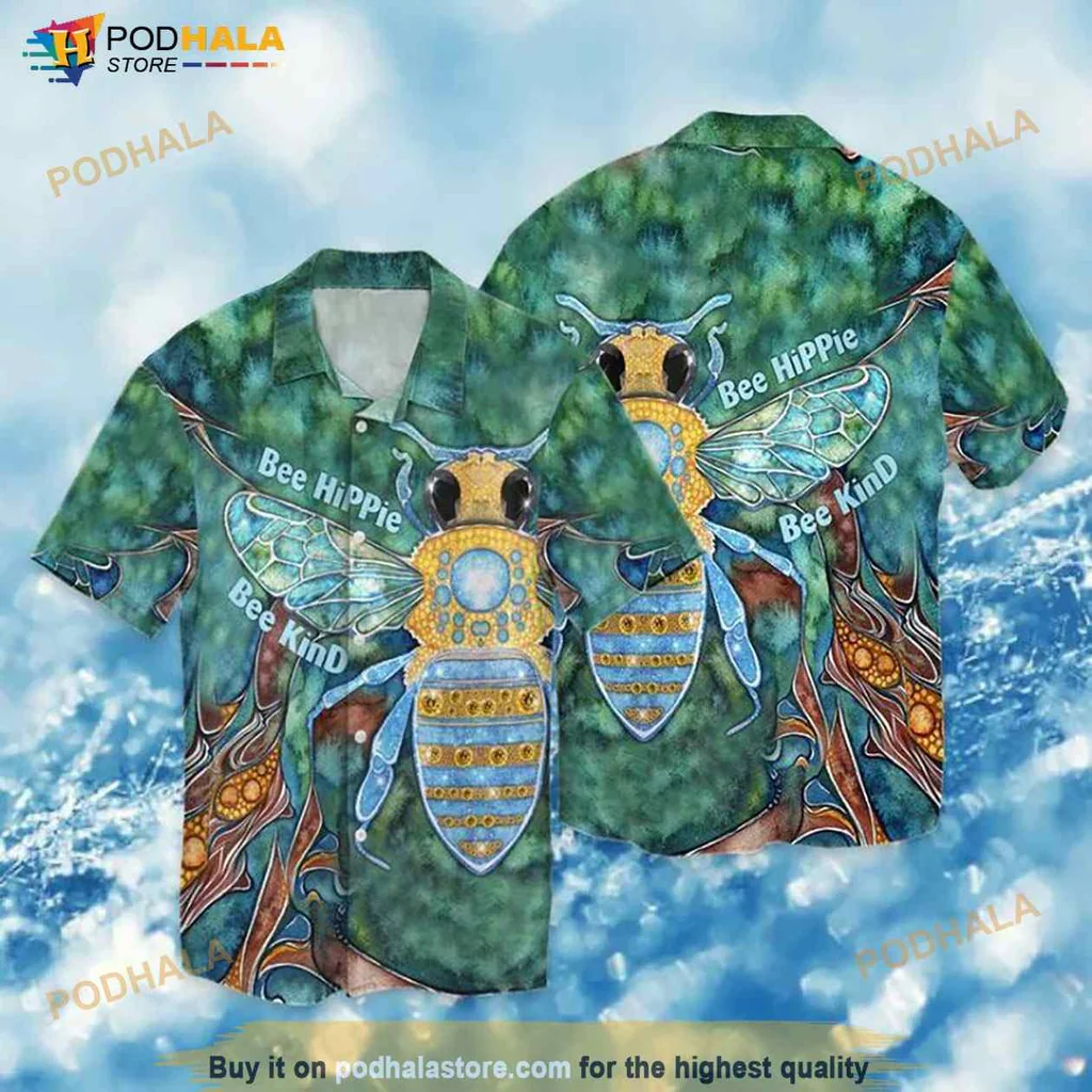 Bee Hippie Hawaiian Shirt With Colorful Bee And Floral Design
