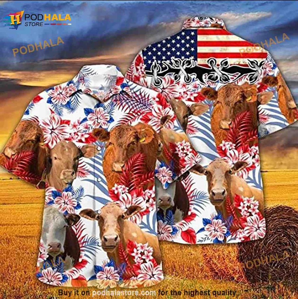Beefmaster Cow Patriotic Hawaiian Shirt With Floral Patterns