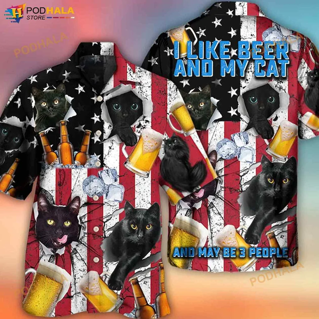 Beer And Black Cat Aloha Shirt With Vintage American Flag Design