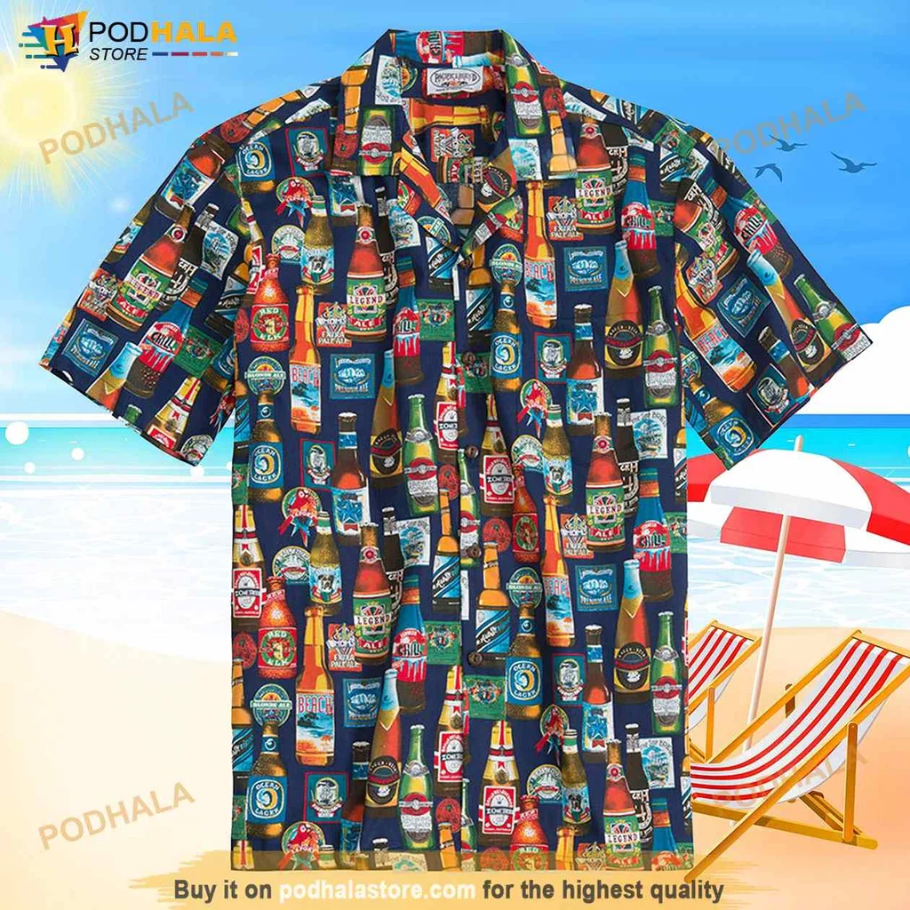 Beer Culture Hawaiian Shirt Featuring Colorful Beer Bottle Designs