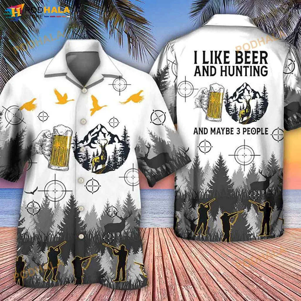 Beer Hunting Funny Hawaiian Shirt, I Like Beer And Hunting And Maybe 3 People