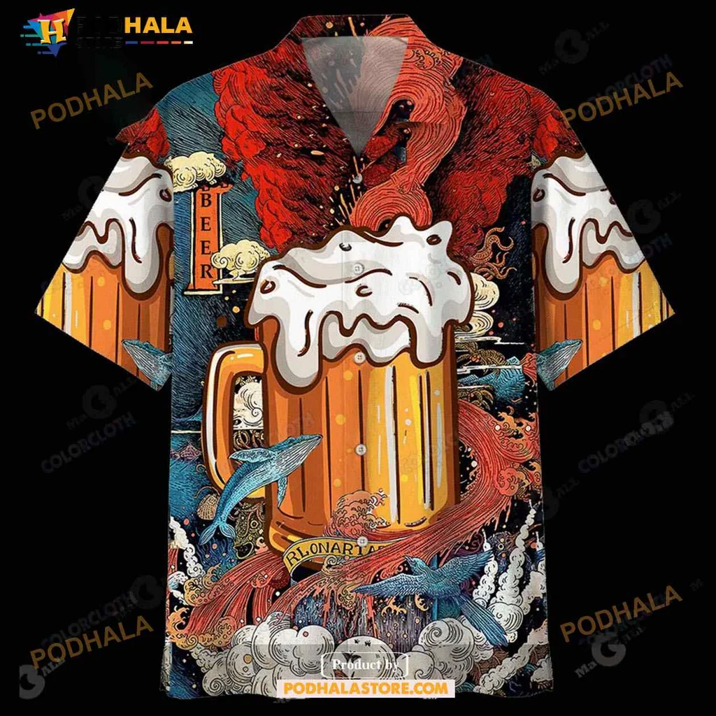Beer Mug Ocean Hawaiian Shirt With Colorful Waves And Fish