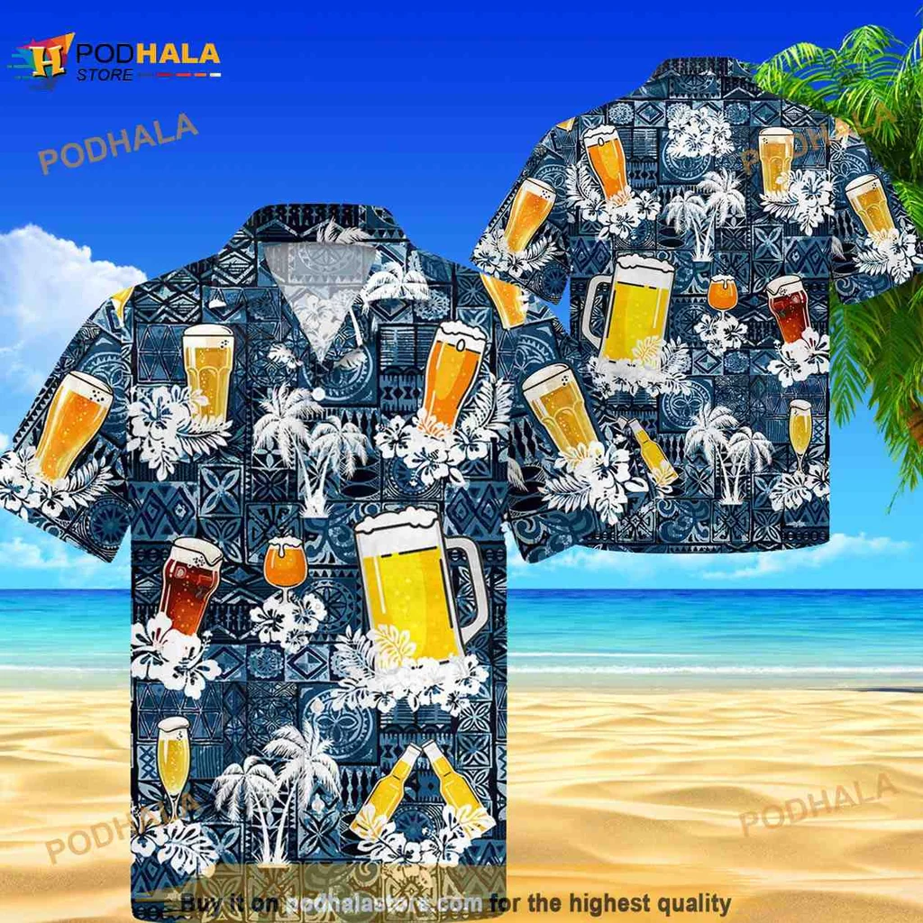 Beer Themed Hawaiian Shirt With Tropical Motifs For Summer Parties