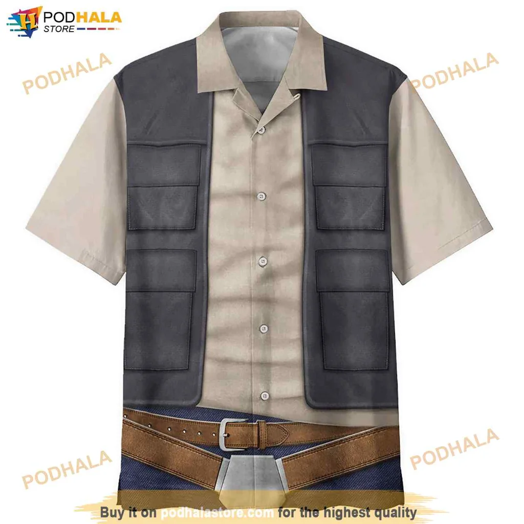 Beige Han Solo Aloha Shirt, Cosplay Design With Vest And Belt For Star Wars Fans