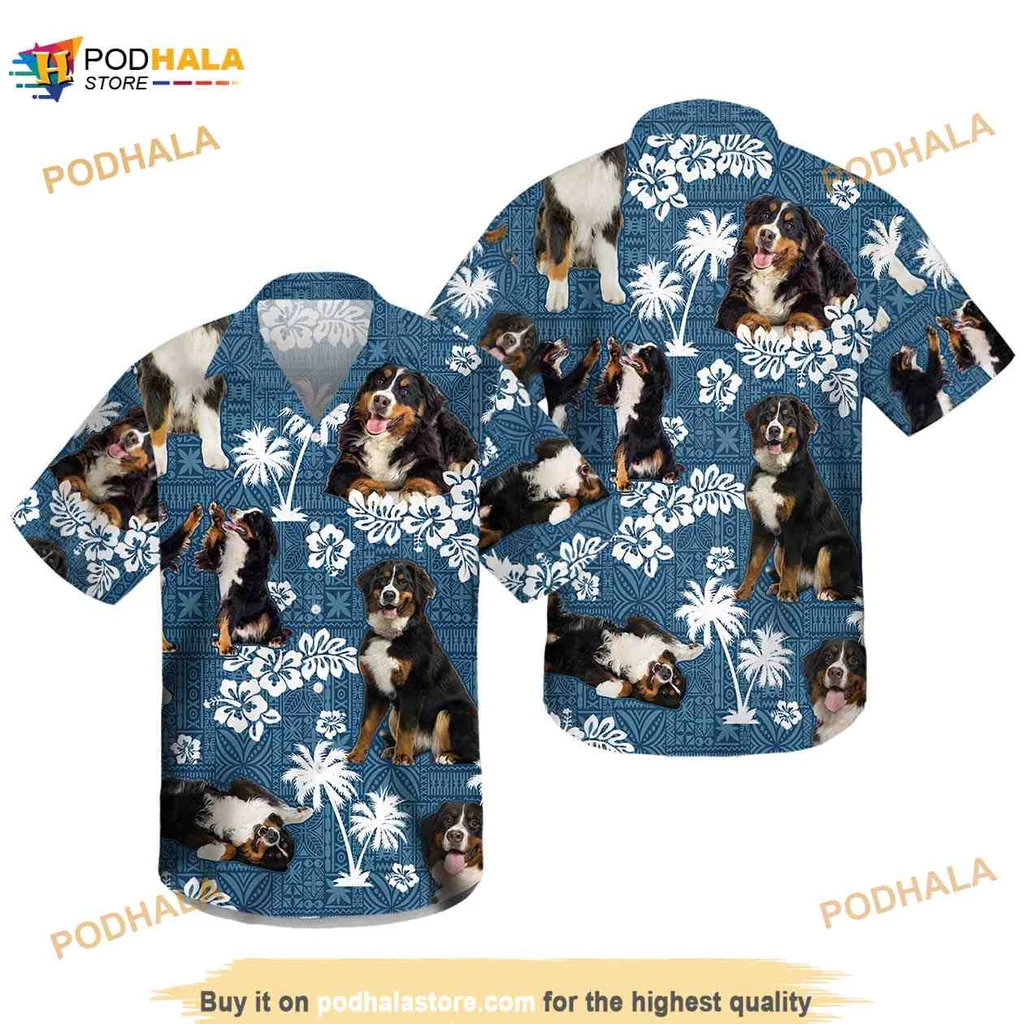 Bernese Mountain Dog Hawaiian Shirt With Blue Tribal Design