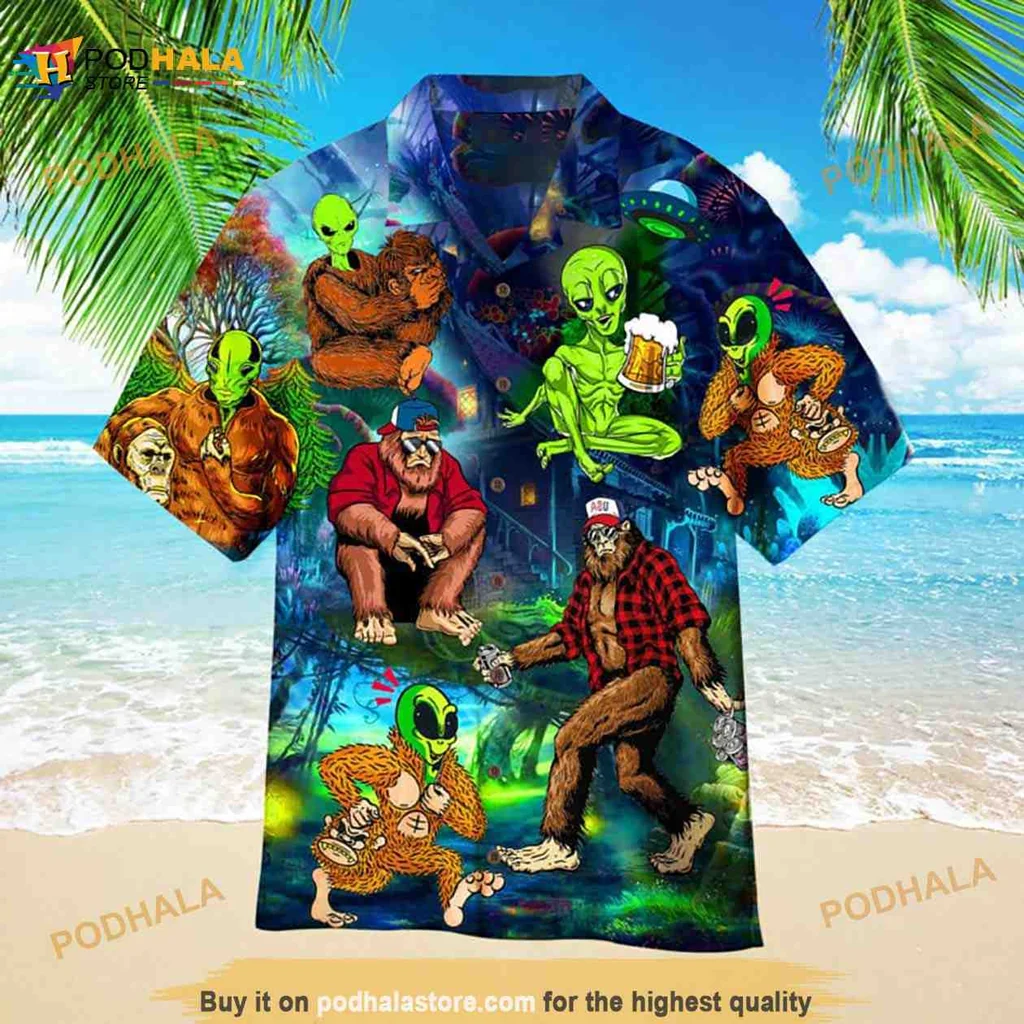 Bigfoot Alien Hawaiian Shirt With Tropical Design For Summer Fun