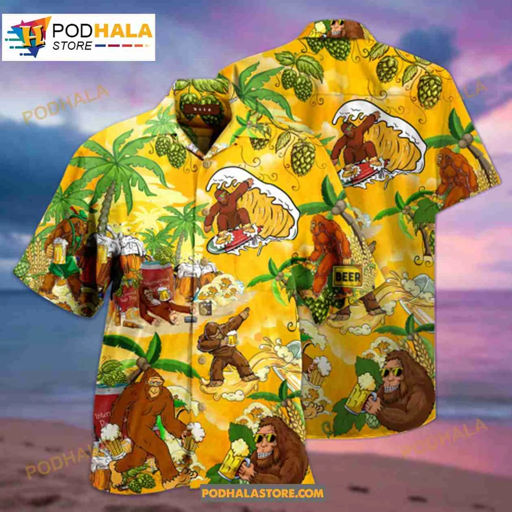 Bigfoot Beach Aloha Hawaiian Shirt With Tropical Design And Beer