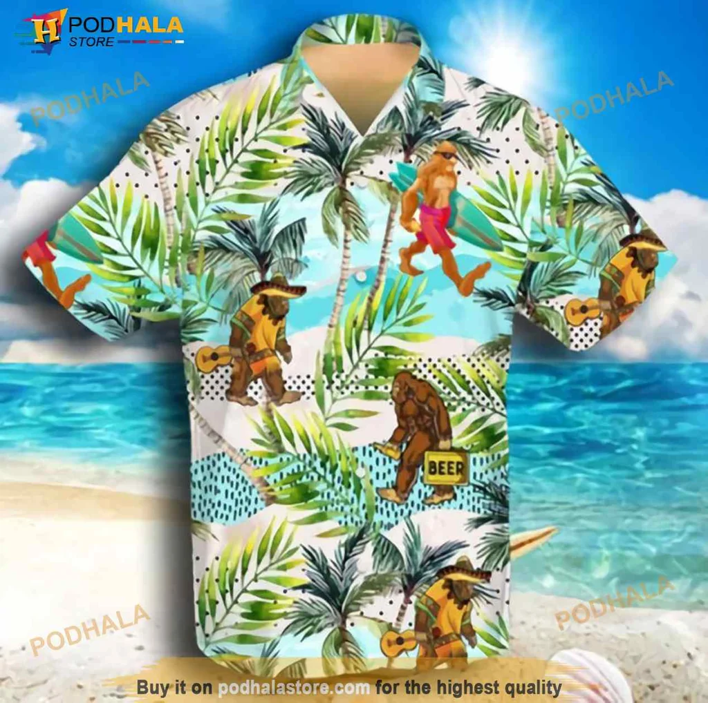 Bigfoot Beach Hawaiian Shirt With Tropical Print And Surfboard Design