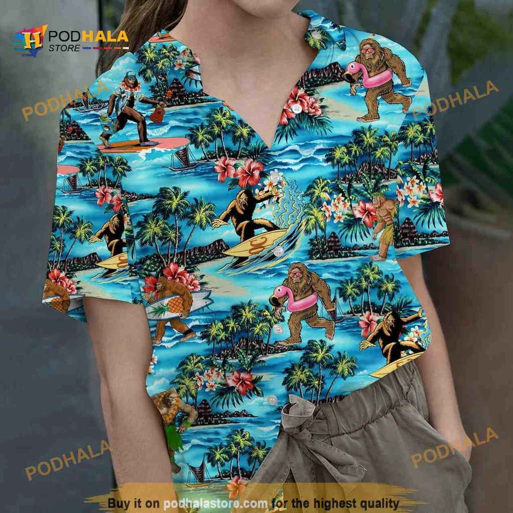 Bigfoot Beach Vacation Hawaiian Shirt With Tropical Print And Surfing Design