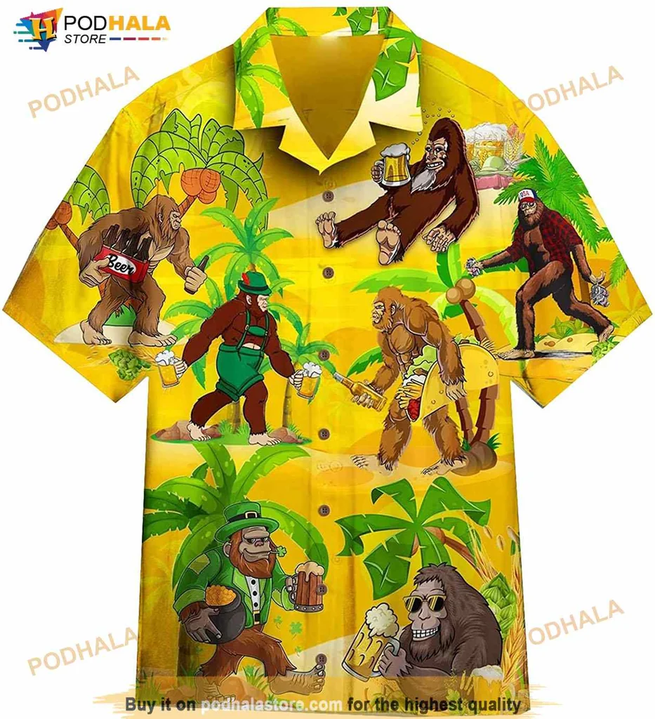 Bigfoot Beer Hawaiian Shirt With Cartoon Sasquatch And Tropical Vibes
