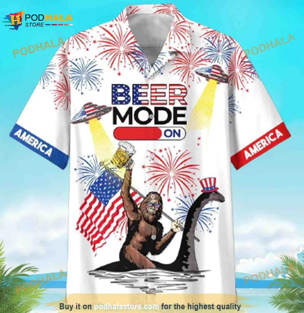 Bigfoot Beer Mode Aloha Shirt With Patriotic Fireworks Design