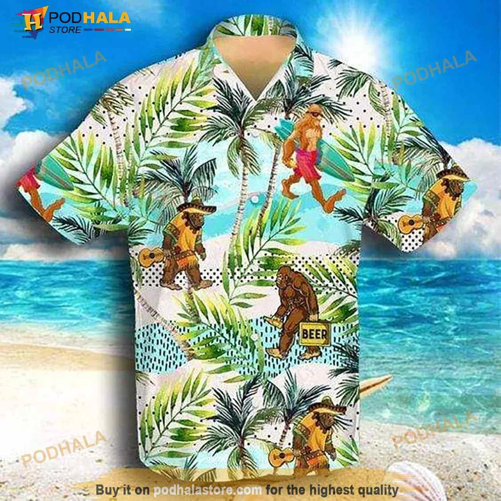 Bigfoot Camping Hawaiian Shirt With Tropical Design And Guitar Theme