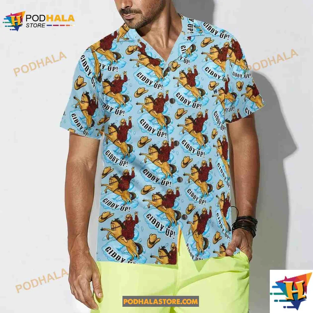 Bigfoot Cowboy Giddy Up Hawaiian Shirt With Vibrant Blue Background