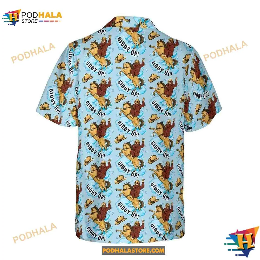 Bigfoot Cowboy Giddy Up Aloha Shirt With Vibrant Blue Background Bigfoot Cowboy Giddy Up Aloha Shirt With Vibrant Blue Background