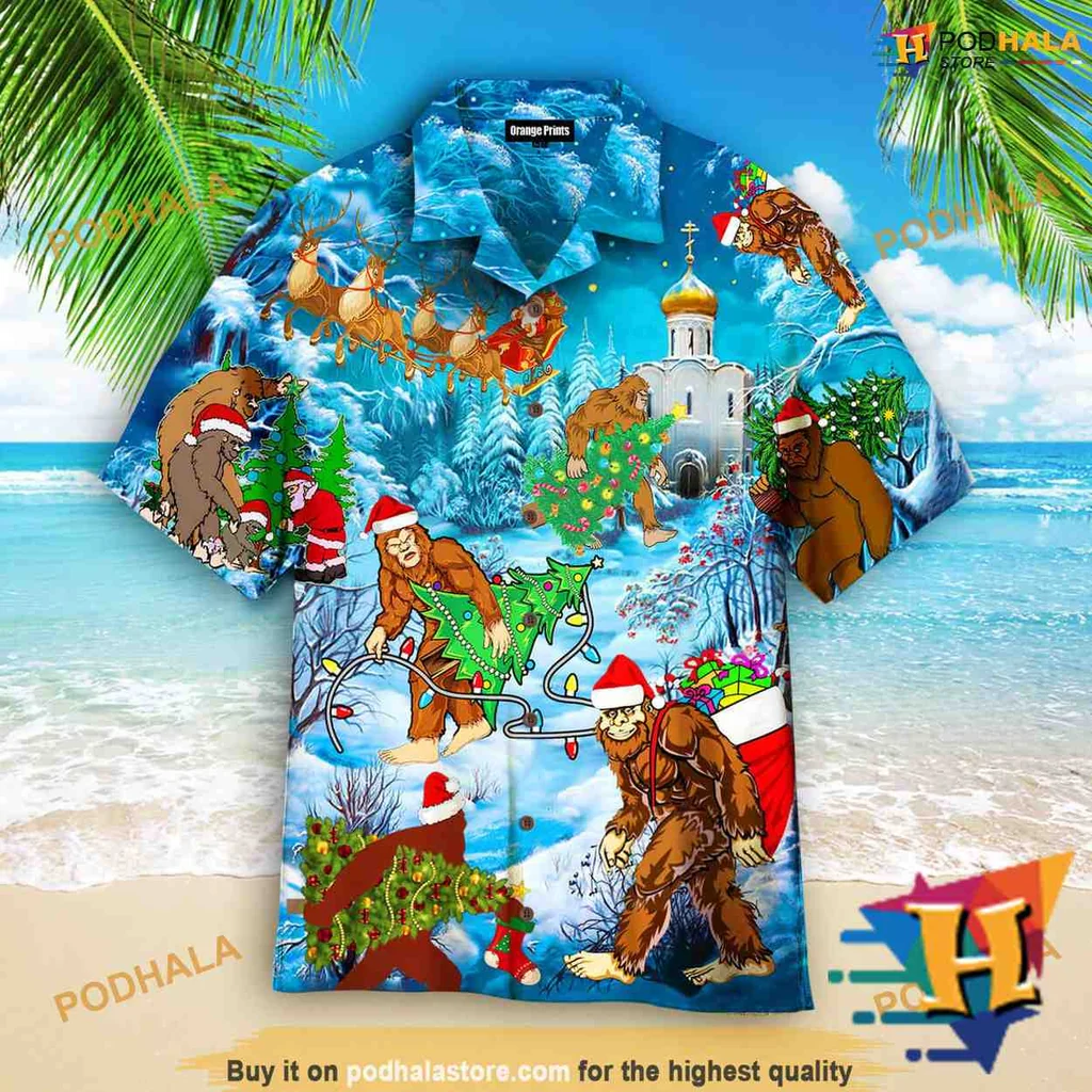 Bigfoot Festive Hawaiian Shirt With Santa Hat And Holiday Characters