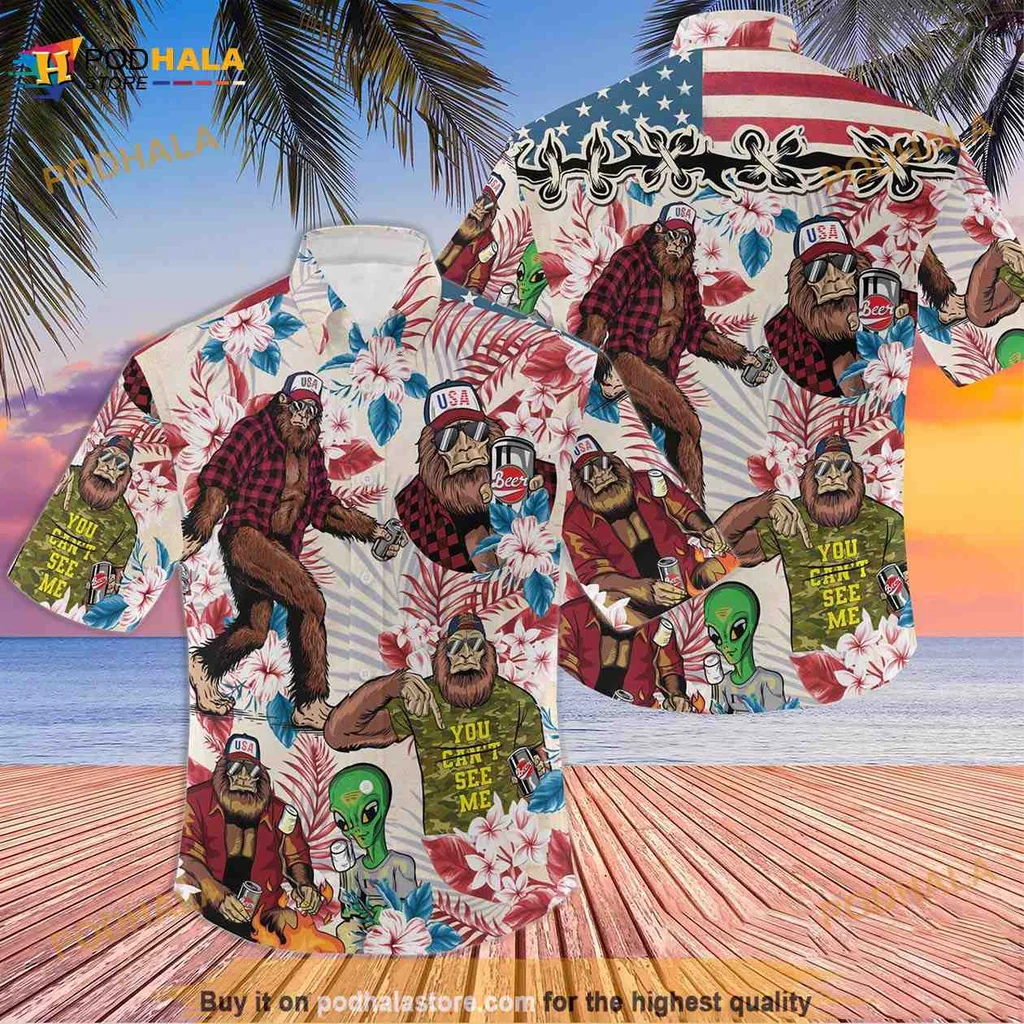 Bigfoot Funny Hawaiian Shirt With Cartoon Design And Tropical Foliage