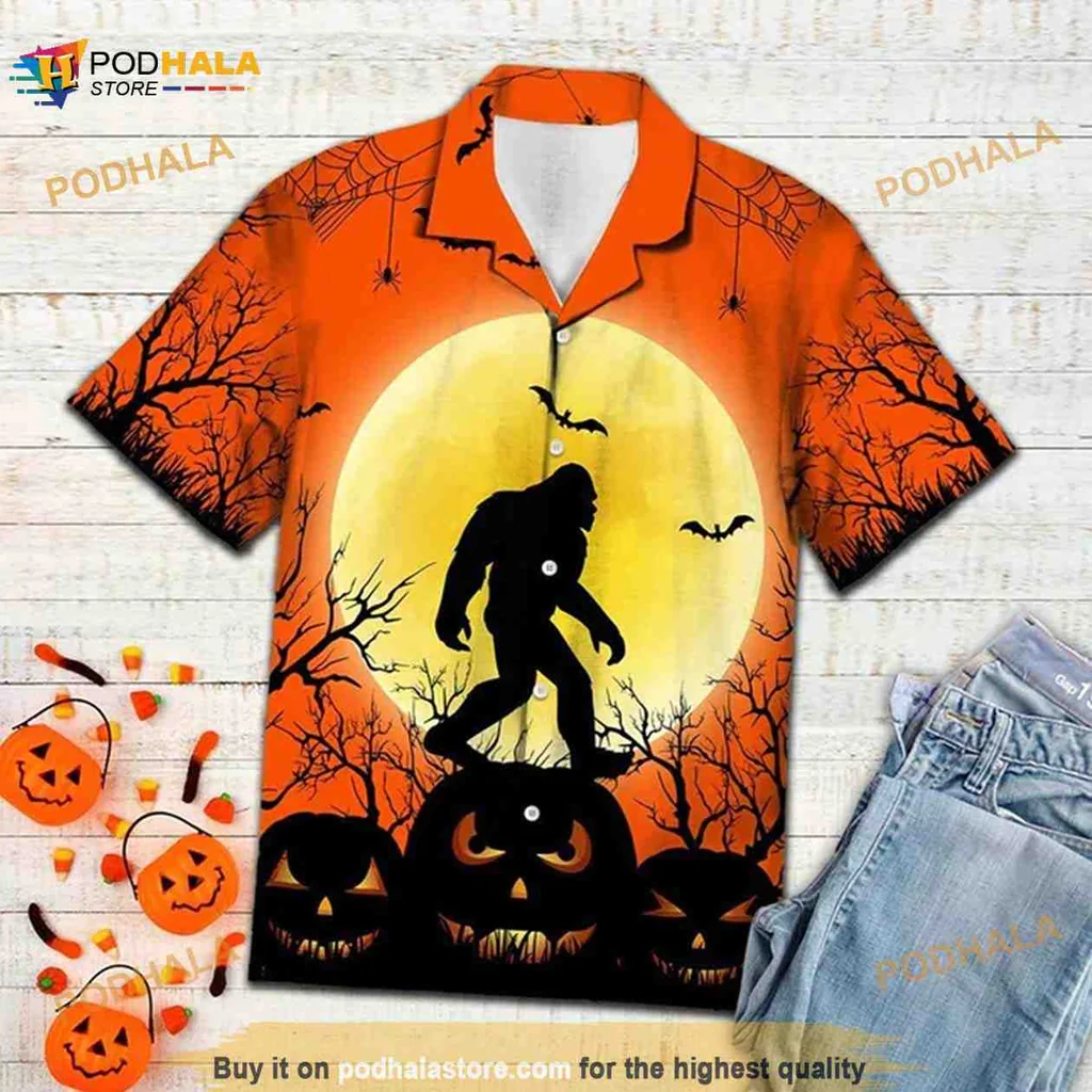 Bigfoot Halloween Hawaiian Shirt With Spooky Pumpkin And Full Moon Design