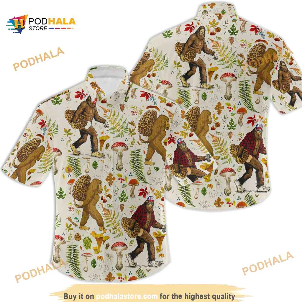 Bigfoot Mushroom Funny Hawaiian Shirt With Cartoon Design