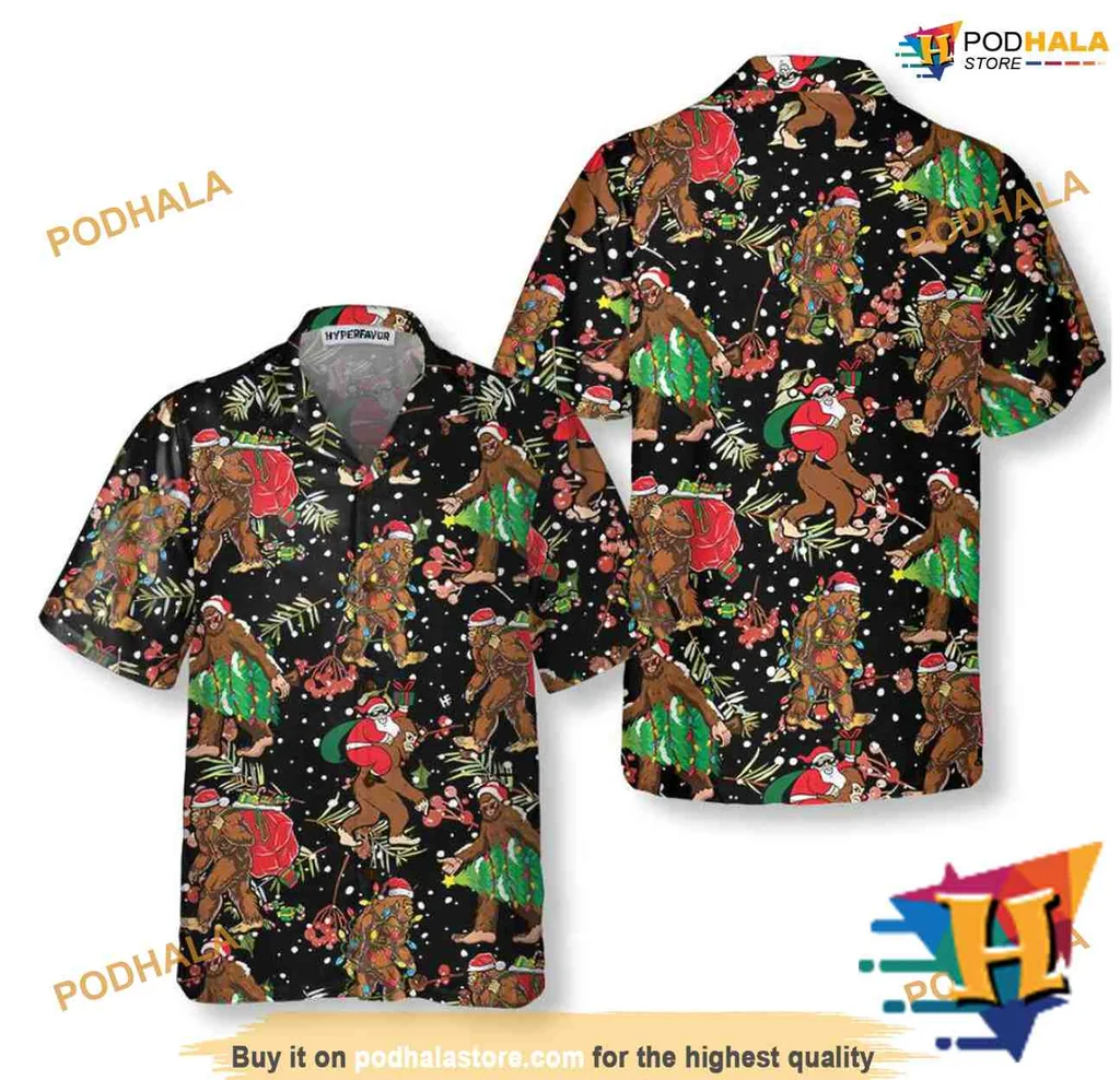 Bigfoot Santa Hawaiian Shirt With Festive Christmas Decorations