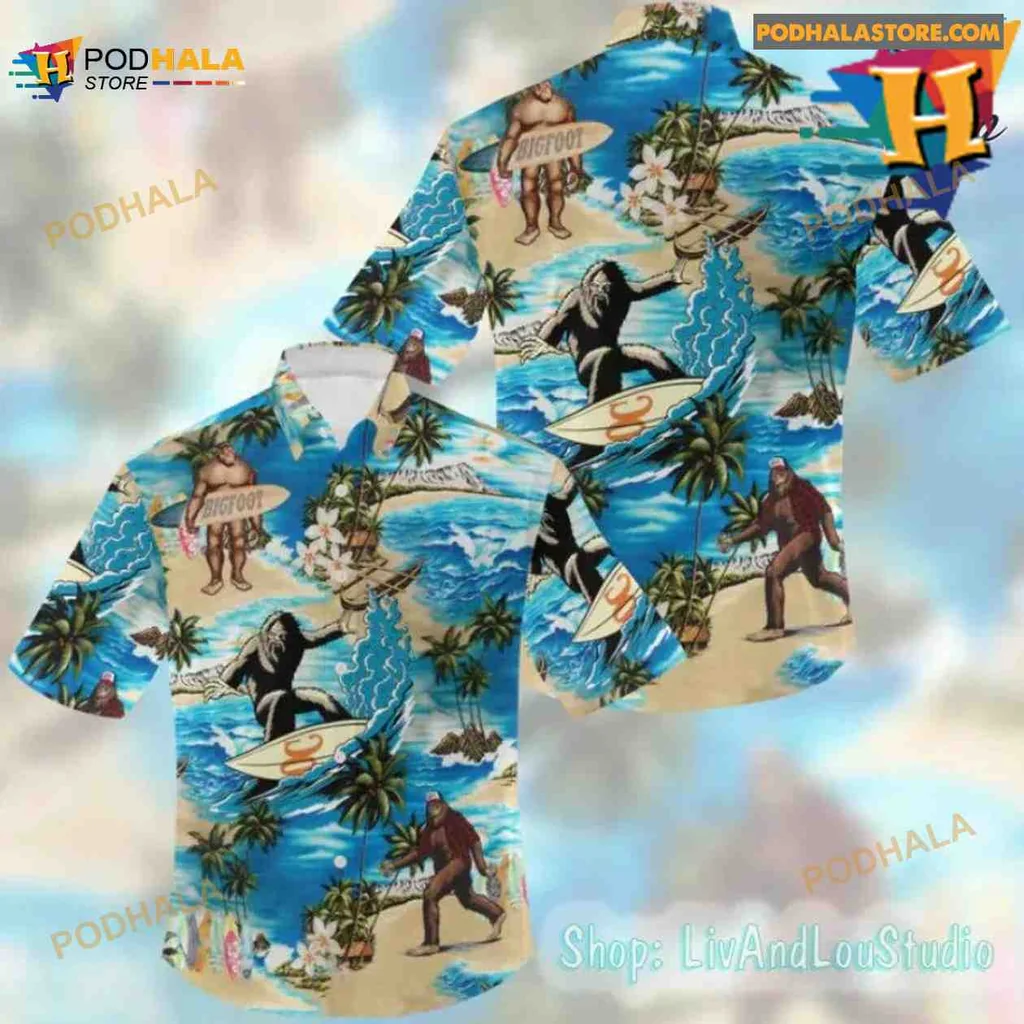 Bigfoot Surfing Hawaiian Shirt, Tropical Bigfoot Beach Design