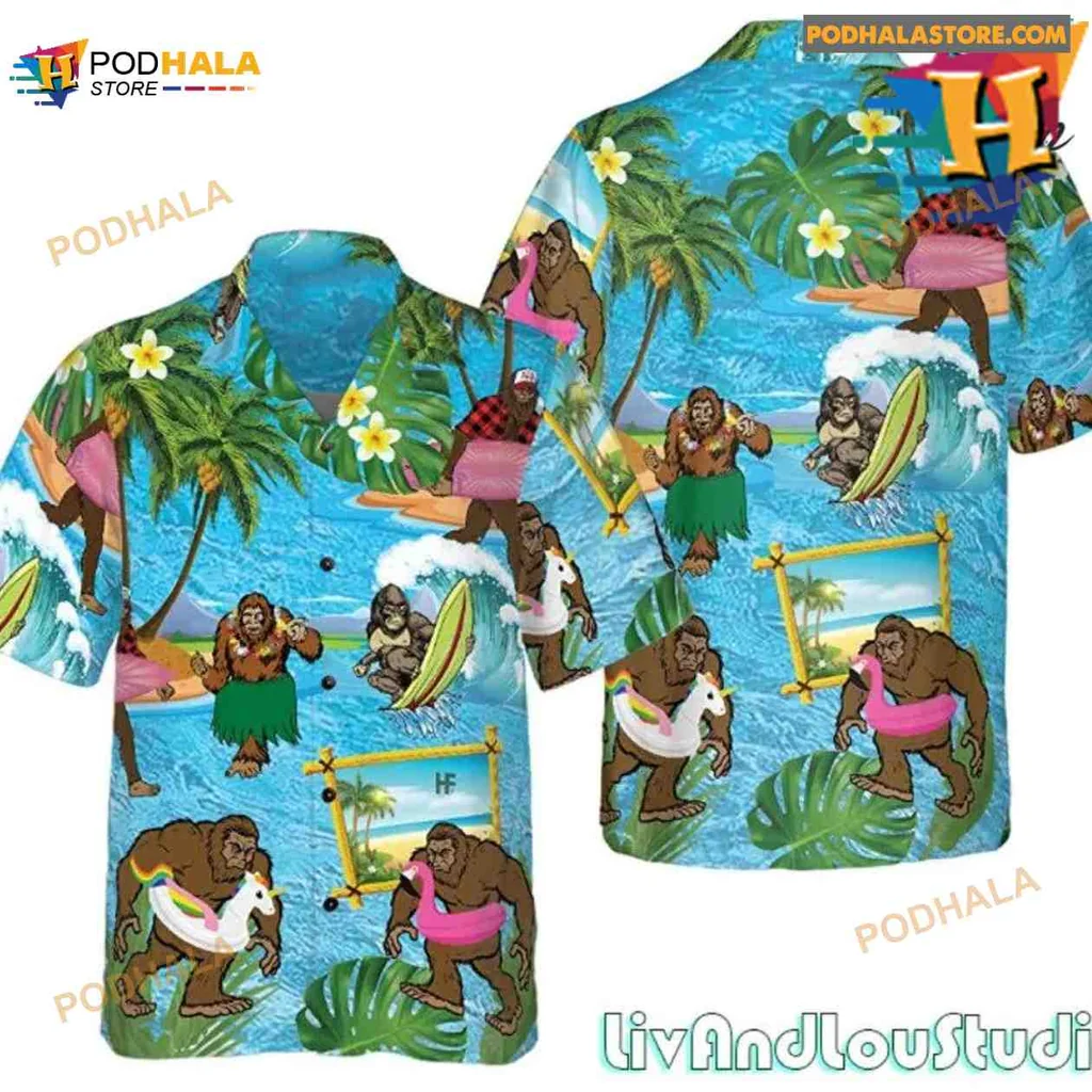 Bigfoot Surfing Hawaiian Shirt With Tropical Beach Scene