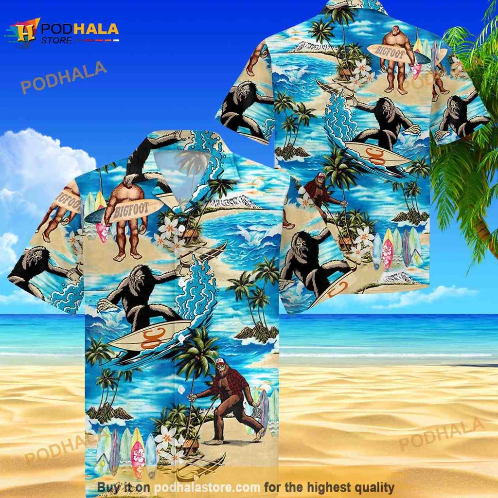 Bigfoot Surfing Hawaiian Shirt With Tropical Print And Cartoon Design
