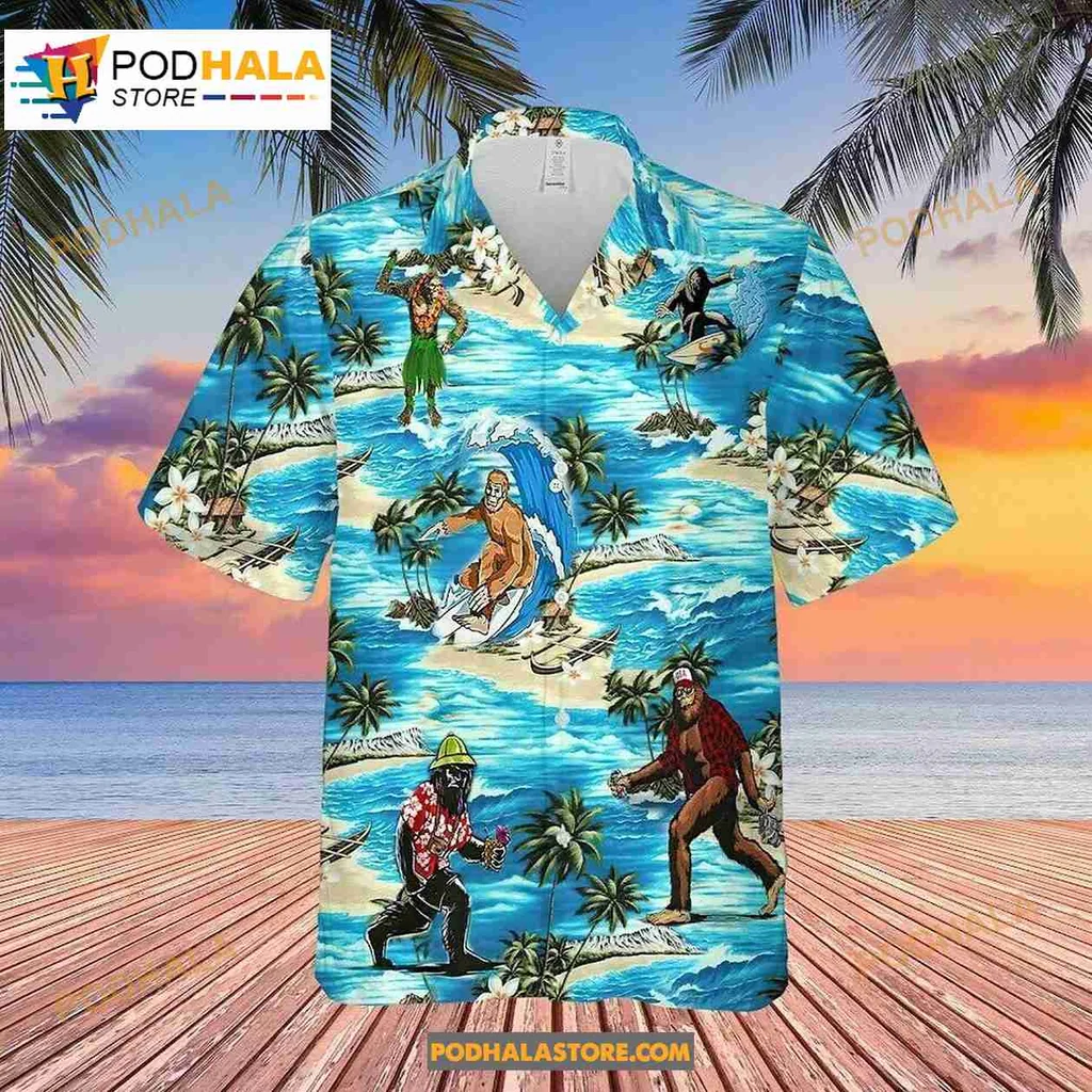 Bigfoot Surfing Hawaiian Shirt With Tropical Waves And Palm Trees
