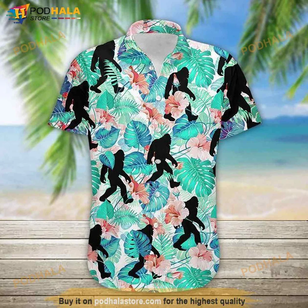 Bigfoot Tropical Hawaiian Shirt With Colorful Leaves And Playful Silhouettes