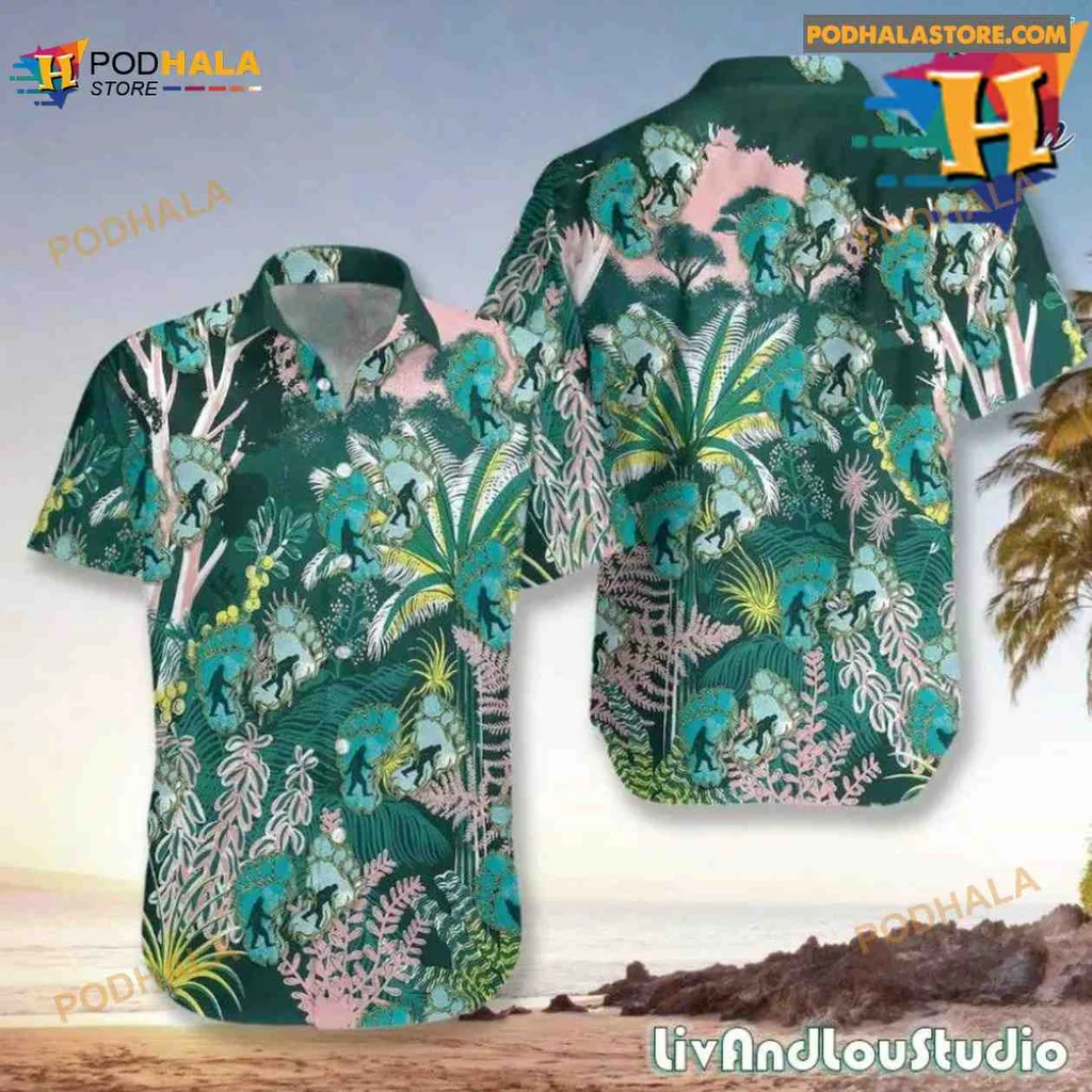 Bigfoot Tropical Hawaiian Shirt With Jungle Leaves And Playful Design