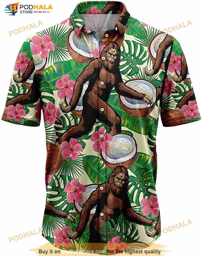Bigfoot Tropical Hawaiian Shirt With Lush Green Leaves And Hibiscus Flowers