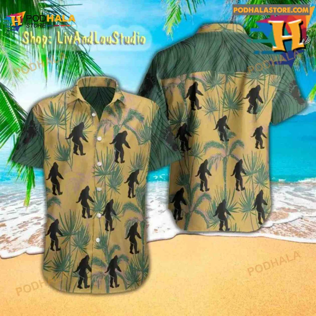 Bigfoot Tropical Hawaiian Shirt With Palm Tree Silhouettes