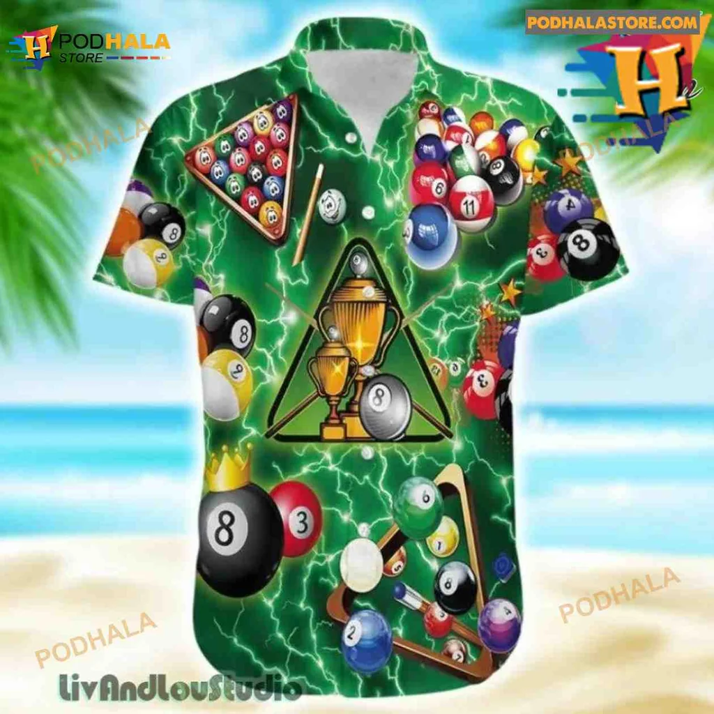 Billiard Player Hawaiian Shirt With Colorful Pool Balls And Trophy Design