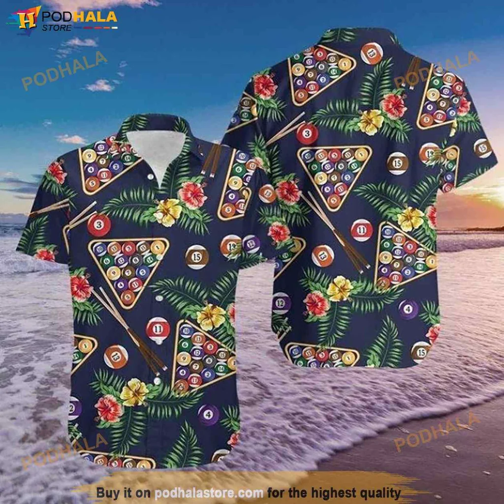 Billiard Tropical Hawaiian Shirt With Colorful Pool Balls And Lush Leaves