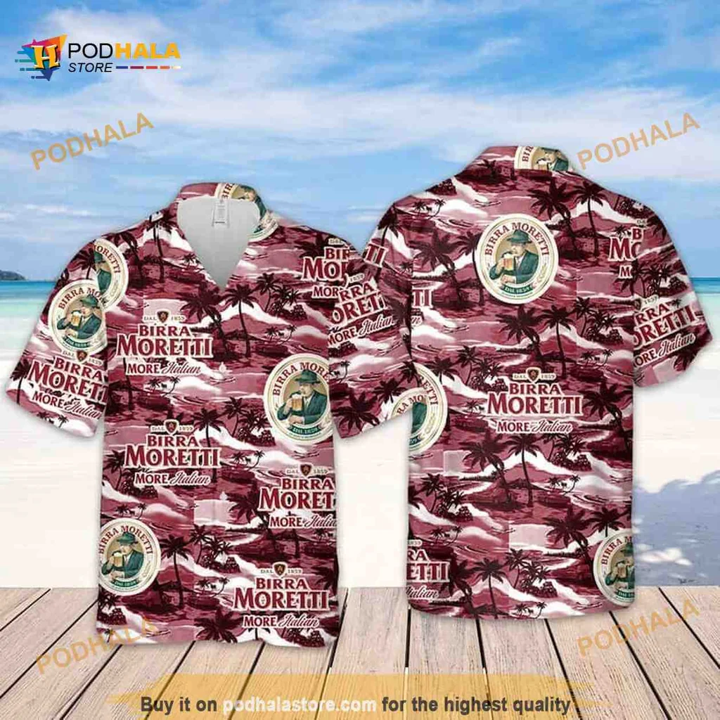 Birra Moretti Beer Pattern Hawaiian Shirt With Vintage Logo Design