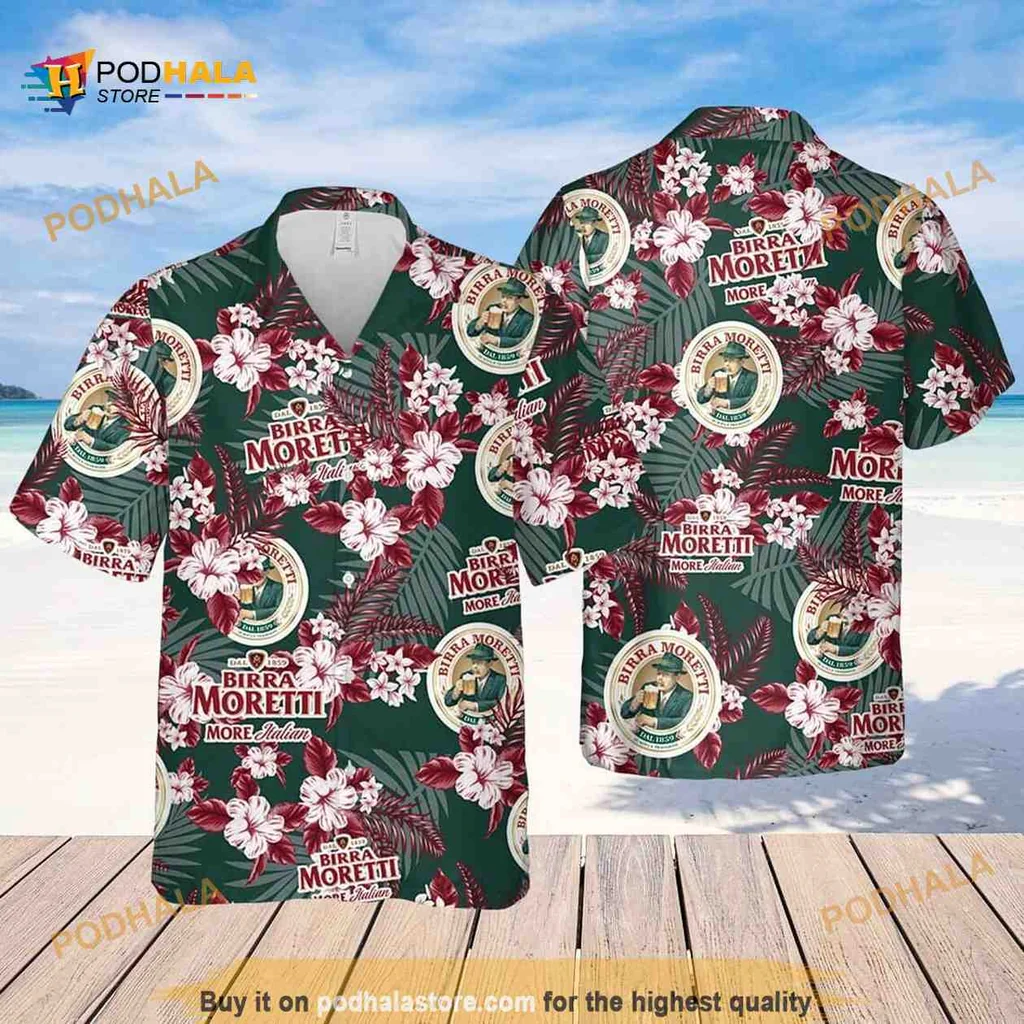 Birra Moretti Floral Hawaiian Shirt With Hibiscus Flowers For Beach Days